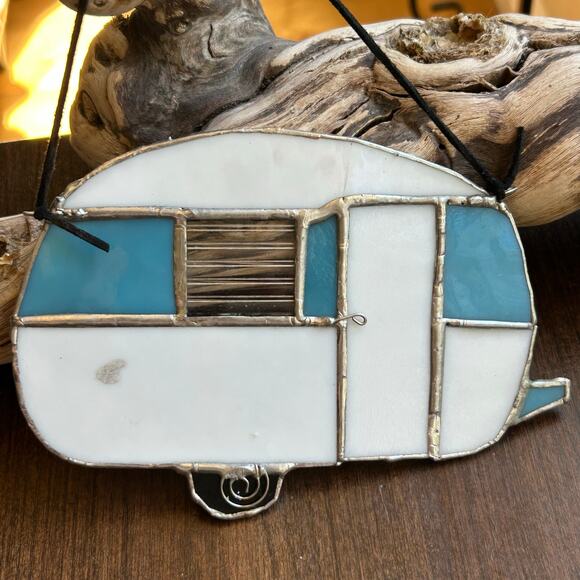 Deep Aqua Blue Stained Glass Camper Suncatcher - Travel Trailer Decoration - Picture 7 of 9
